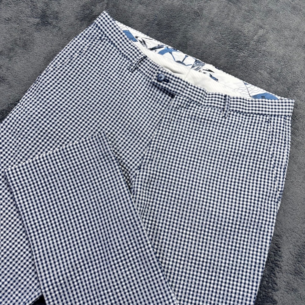 Paisley & Gray Slim Fit Gingham Check Trousers Mens 32x32 Blue White Seersucker